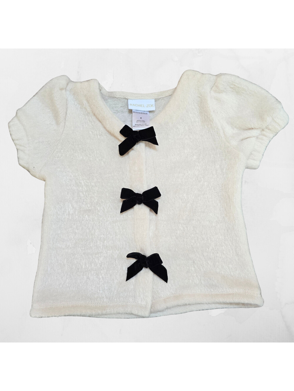 Rachel Zoe Girls Size 5 Ivory Cream Knit Cardigan Black Velvet Bows Puff Sleeve